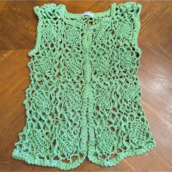 Vintage Hand Crochet Knit Vest Women’s Medium Green Sweater Sleeveless Boho - Picture 12 of 16